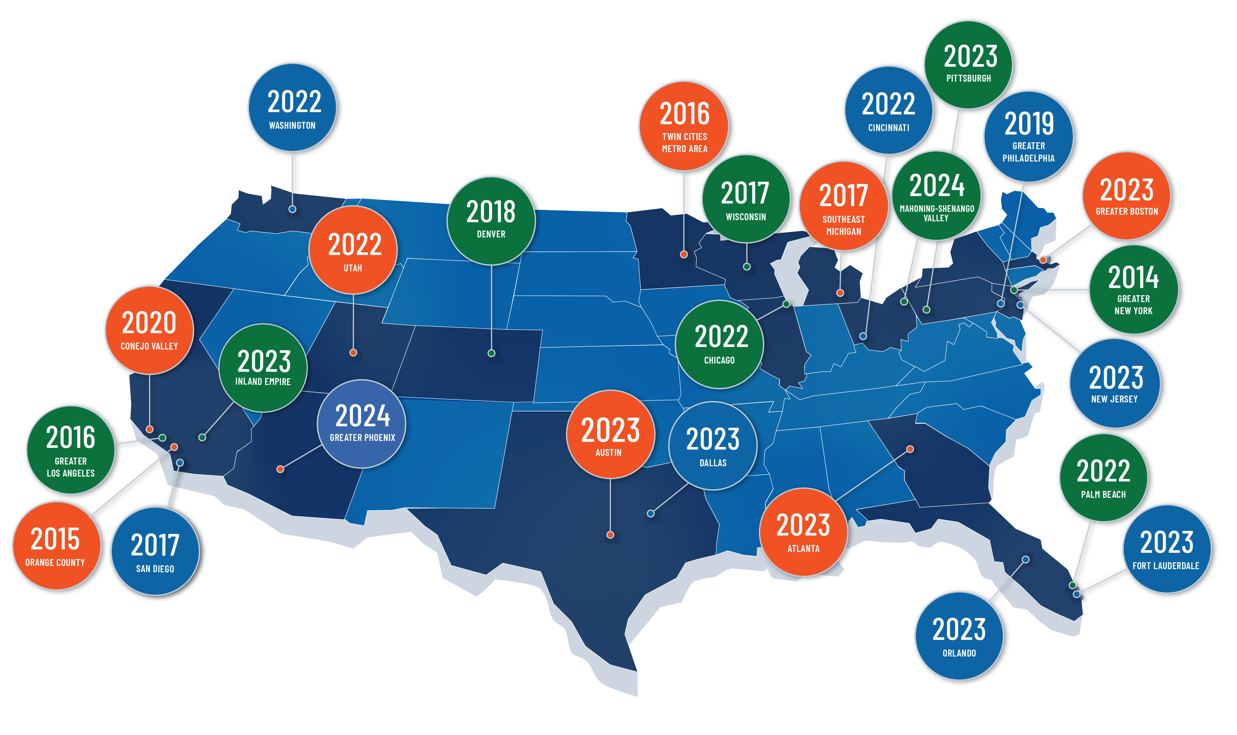 Dark blue map of USA with dots for each chapter location and bubbles with the year that city's chapter was established