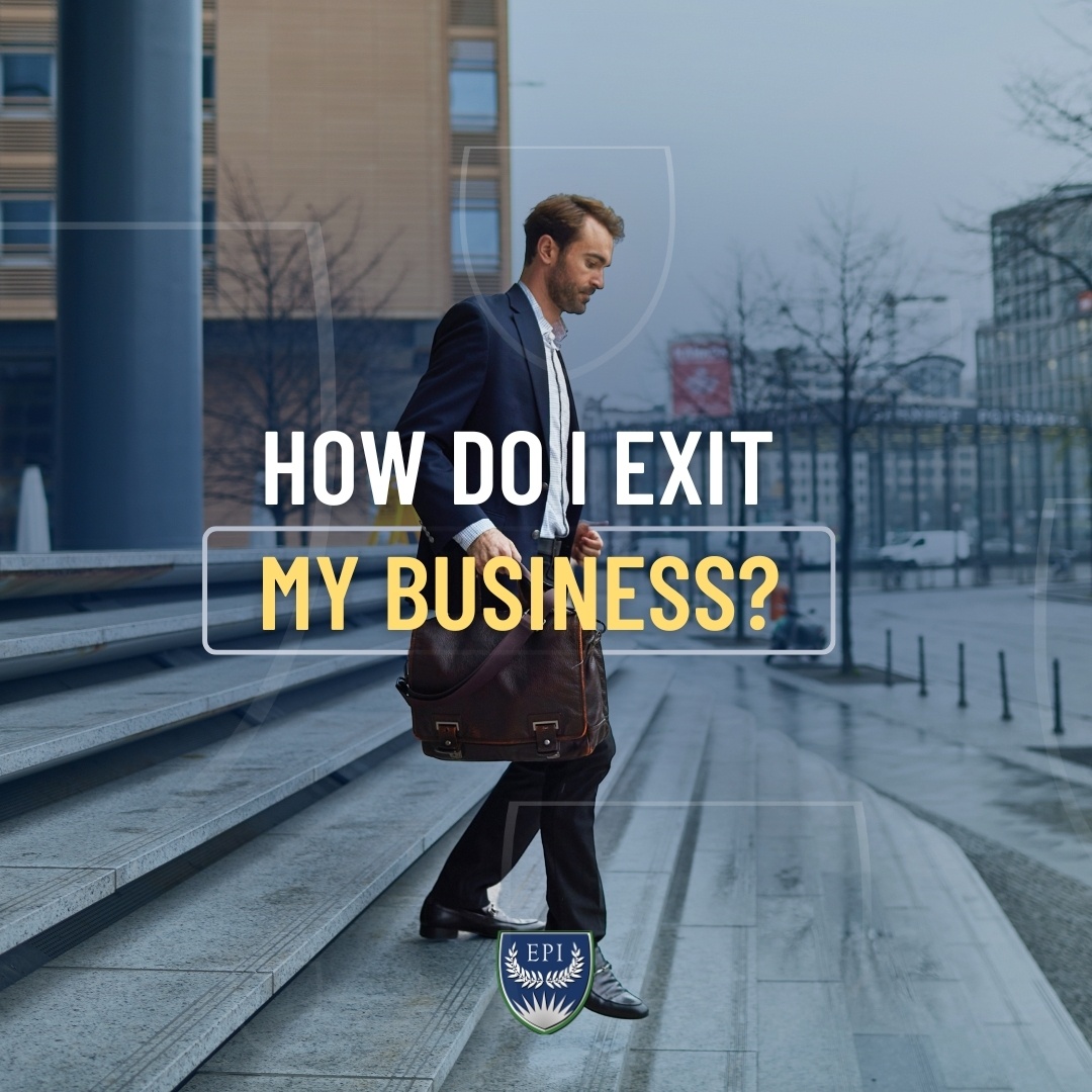 Title over businessman walking down steps outside