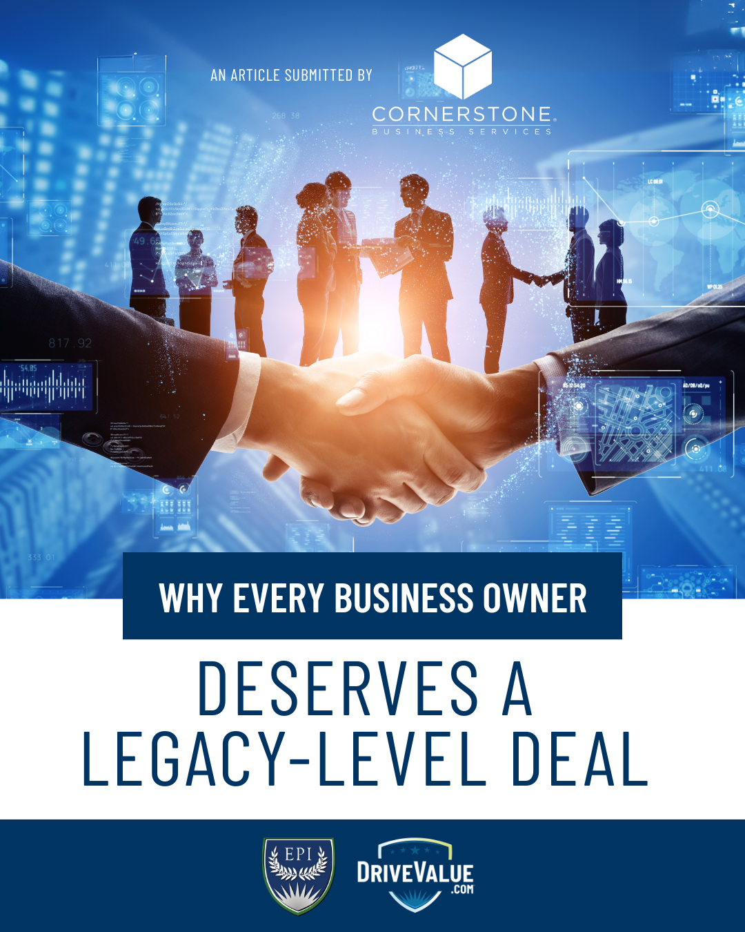 Why Every Business Owner Deserves a Legacy-level Deal people on blue background shaking hands for business deal