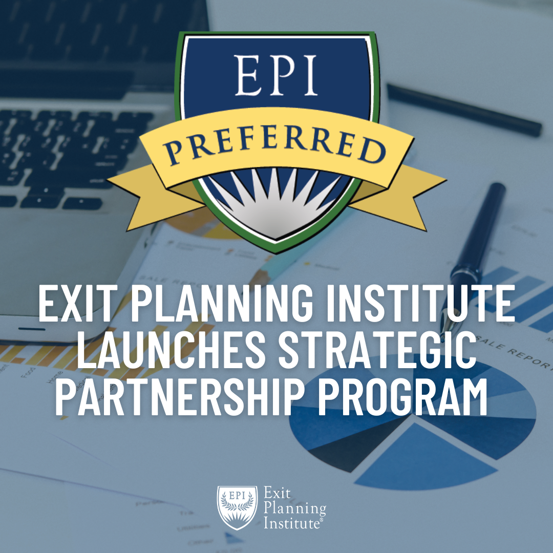 Exit Planning Institute Launches Strategic Partnership Program. Image with an EPI Shield with a yellow ribbon with 