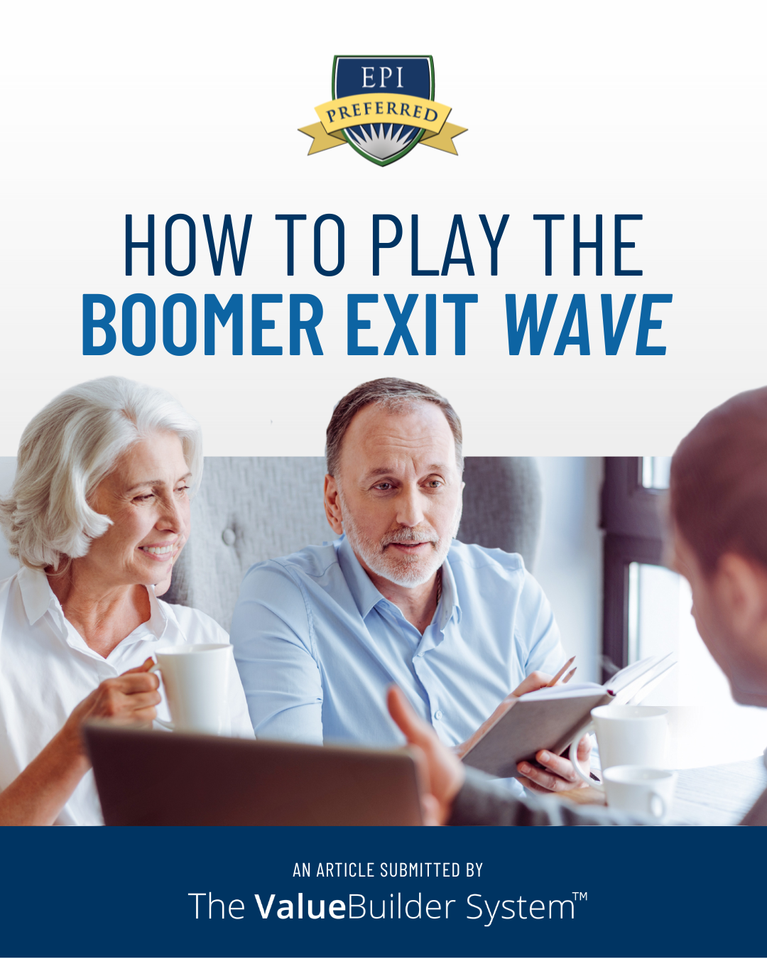 How to Play the Boomer Exit Wave on white background two older business owners having a conversation